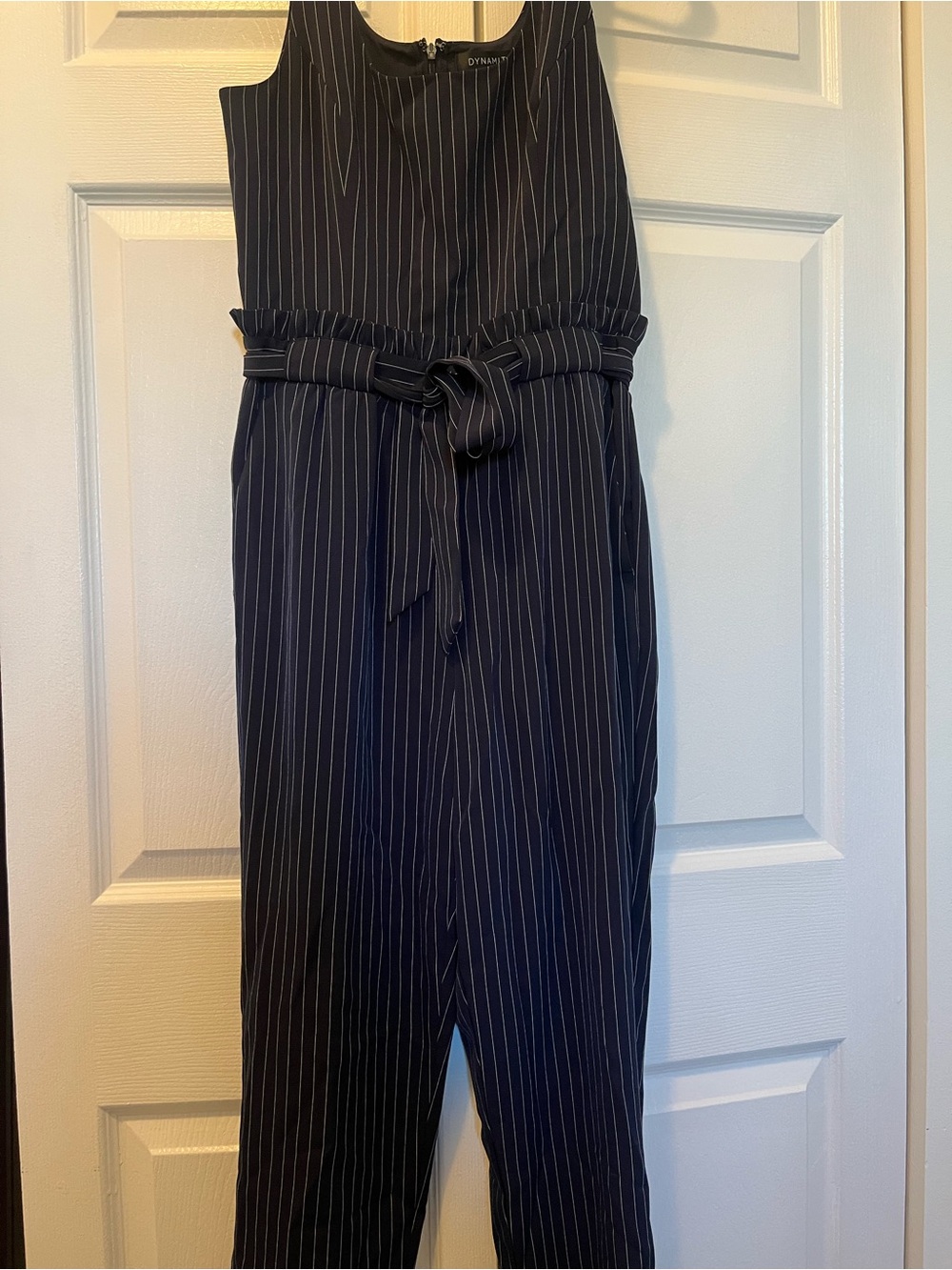 Dynamite Navy Pinstripe Sleeveless Belted Jumpsuit